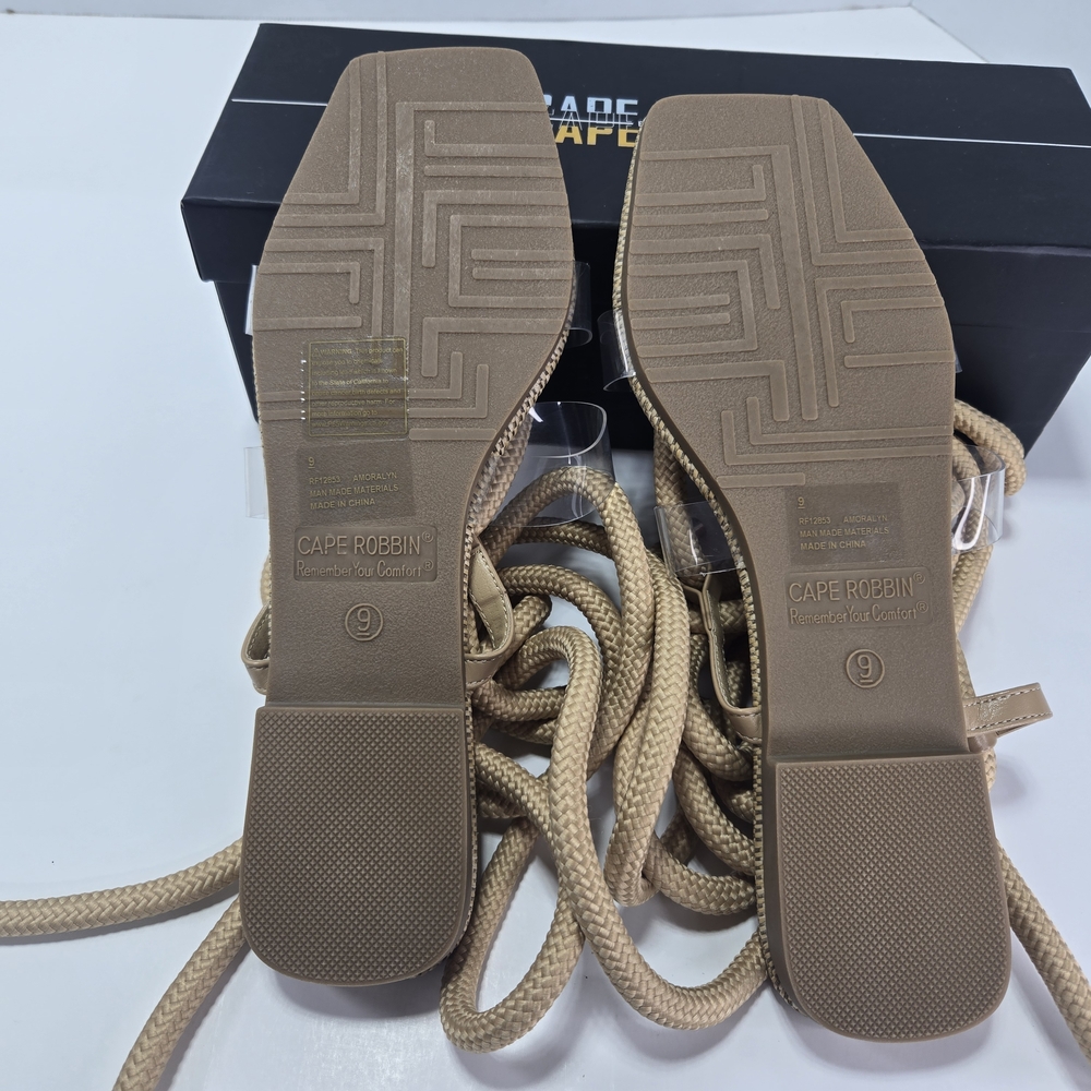 Cape Robbin Amoralyn Taupe Woven LaceUp Ankle Wrap Sandal Clear Toe Strap Size 9 - Picture 4 of 6